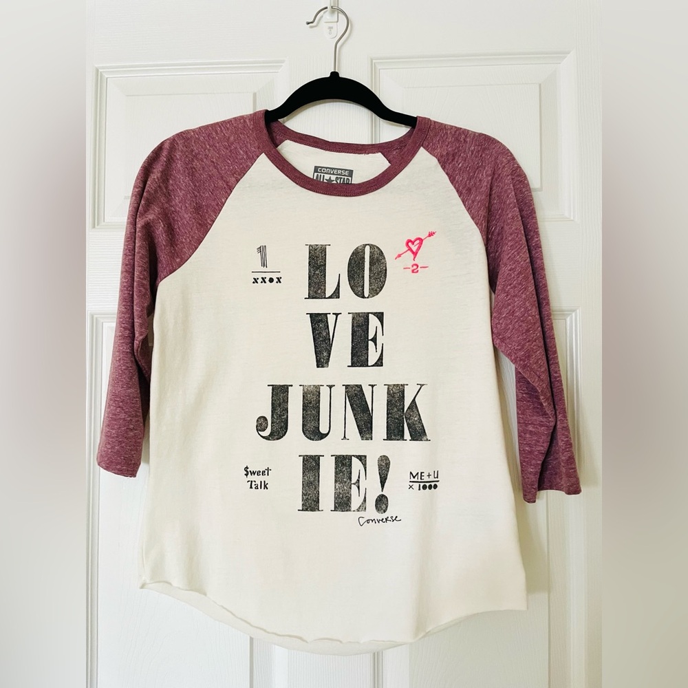 EUC 💜⚡️ Converse All Star |  “Love Junkie” | Raglan Baseball Tee | Y2K